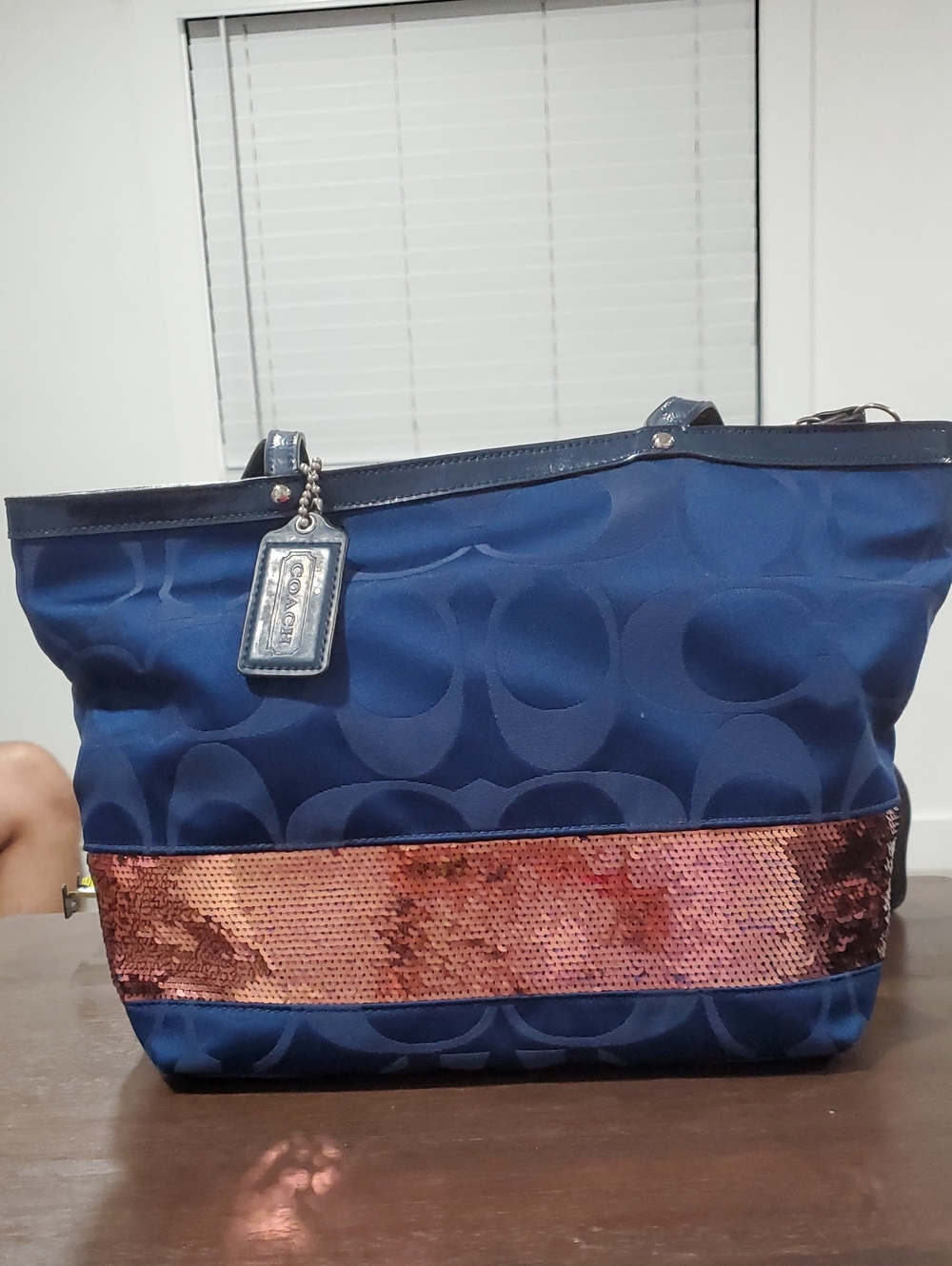Coach Blue Signature Tote with pink Sequin Band
